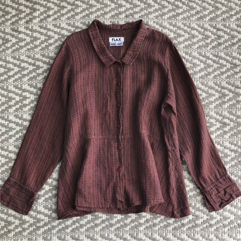 Flax 100% linen button up peplum long sleeve size medium